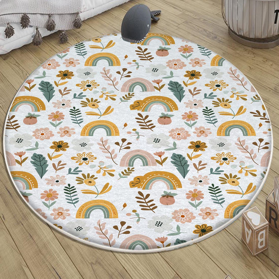 Round Colourful Floral Nursery Room Rug|Bestselling Kids Room Rugs|Handmade Kid&#39;s Carpets|Handmade Kids Room Rug|Cute Boho Baby Rugs