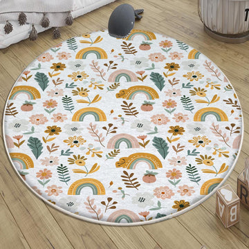 Round Colourful Floral Nursery Room Rug|Bestselling Kids Room Rugs|Handmade Kid&#39;s Carpets|Handmade Kids Room Rug|Cute Boho Baby Rugs