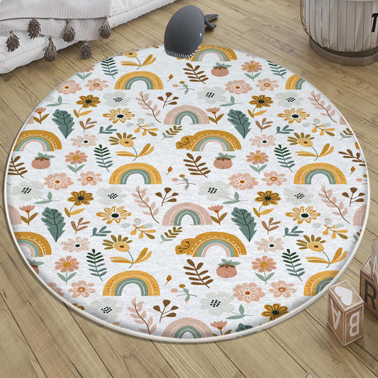 Round Colourful Floral Nursery Room Rug|Bestselling Kids Room Rugs|Handmade Kid&#39;s Carpets|Handmade Kids Room Rug|Cute Boho Baby Rugs