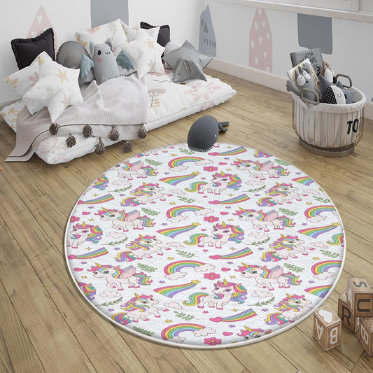 Round Unicorn Rainbow Nursery Girl Room Rug|Bestselling Kids Room Rugs|Handmade Kid&#39;s Carpets|Handmade Kids Room Rug|Cute Boho Baby Rugs