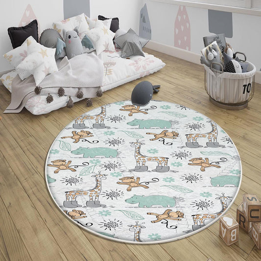 Round Giraffe Monkey Jungle Nursery Room Rug|Bestselling Kids Room Rugs|Handmade Kid&#39;s Carpets|Handmade Kids Room Rug|Cute Animals Baby Rugs
