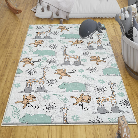 Round Giraffe Monkey Jungle Nursery Room Rug|Bestselling Kids Room Rugs|Handmade Kid&#39;s Carpets|Handmade Kids Room Rug|Cute Animals Baby Rugs