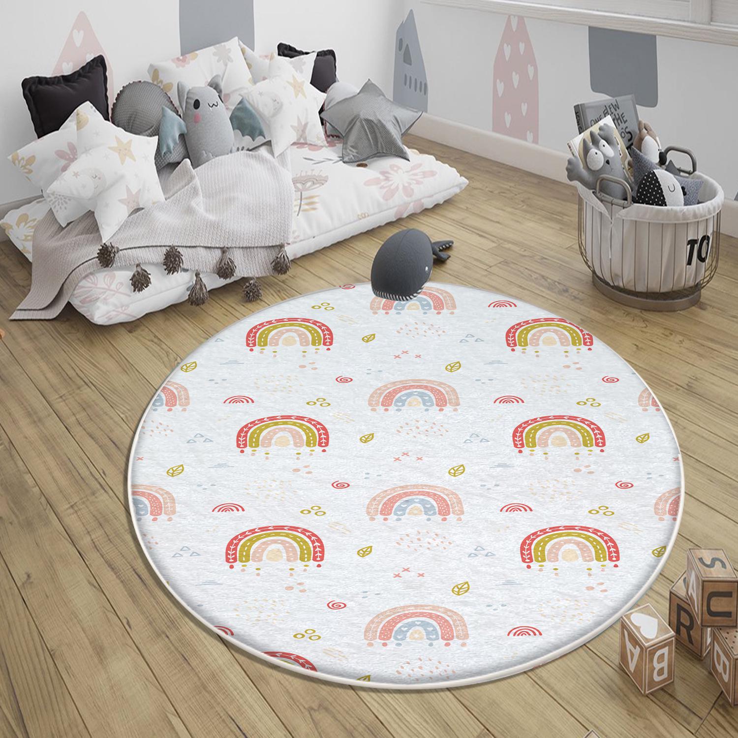 Round Rainbow Boho Nursery Room Rug | Bestselling Kids Room Rugs|Handmade Kid&#39;s Carpets|Handmade Kids Room Rug | Cute Rainbow Baby Rugs
