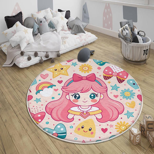Round Colorful Cute Girl Nursery Room Rug, Cute Rainbow Rug For Kids Room, Playground Rug, Baby Rug, Nursery Decor with pillow case gift