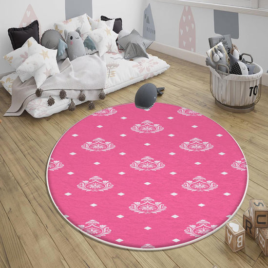 Round Pink White Girl Nursery Room Rug, Cute Rainbow Rug For Kids Room, Playground Rug, Baby Rug, Nursery Decor with pillow case gift