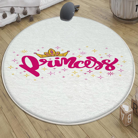 Round White Pink Princess Nursery Room Rug, Cute Rainbow Rug For Kids Room, Playground Rug, Baby Rug, Nursery Decor with pillow case gift