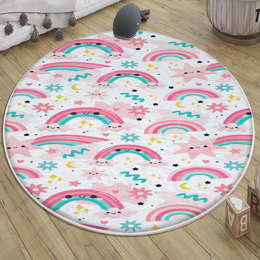 Round Rainbow Clouds Stars Nursery Room Rug, Cute Girl Rug For Kids Room, Playground Rug, Baby Rug, Nursery Decor with pillow case gift