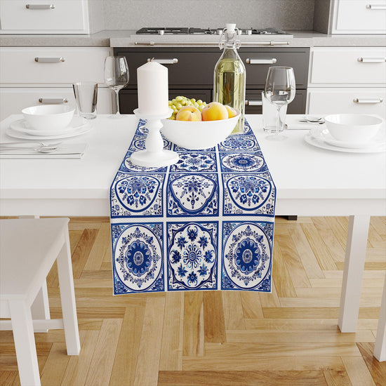 Table Runner Blue Ethnic Theme with Ottoman Turkish Pattern, Authentic Traditional Retro Farmhouse Home Decor