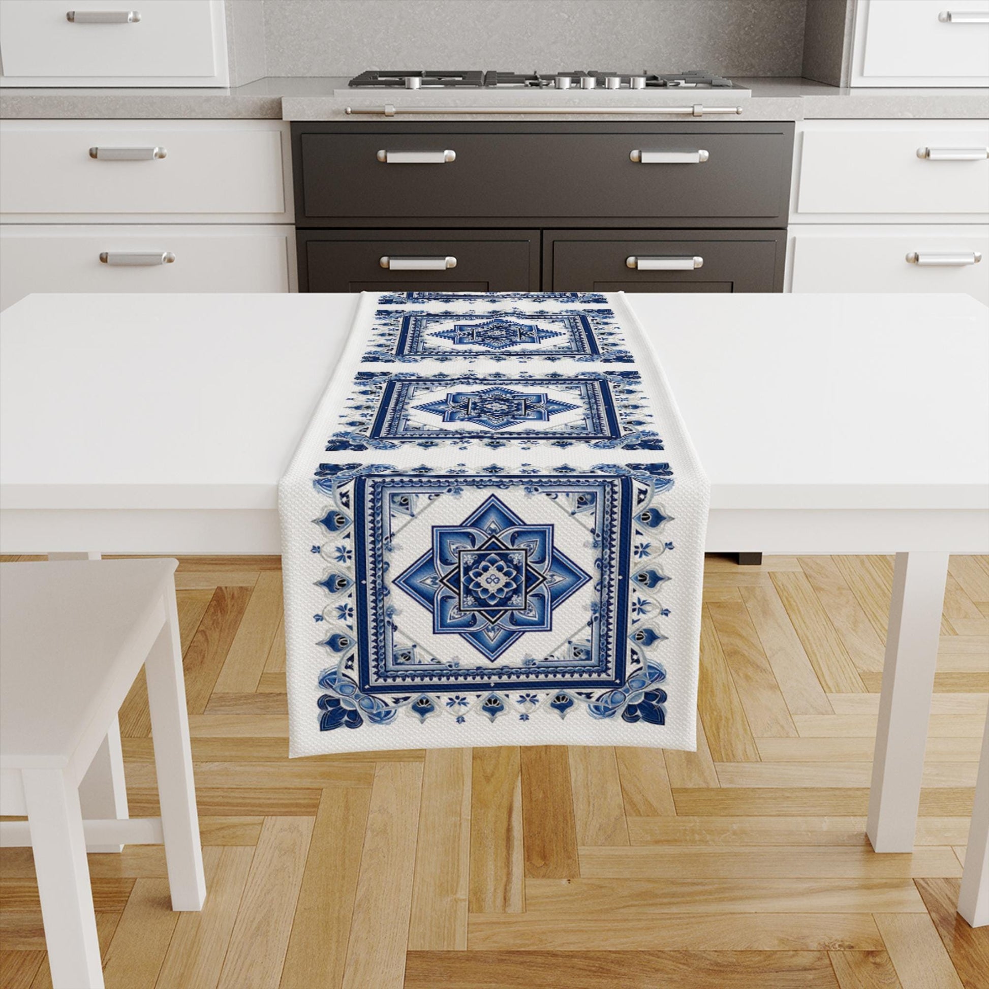 Table Runner Blue Ethnic Ottoman Turkish Pattern, Authentic Retro Farmhouse Home Decor, Traditional Textile Accent