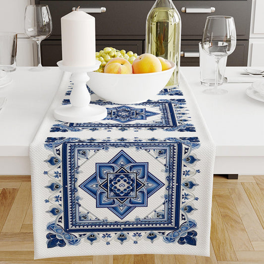 Table Runner Blue Ethnic Ottoman Turkish Pattern, Authentic Retro Farmhouse Home Decor, Traditional Textile Accent