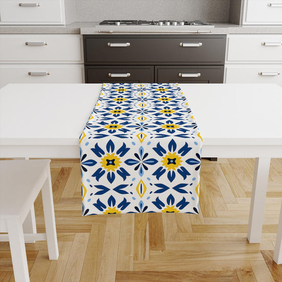 Table Runner Blue Yellow Geometric Floral Ethnic Ottoman Turkish Pattern, Authentic Retro Farmhouse Home Decor, Traditional Textile Accent