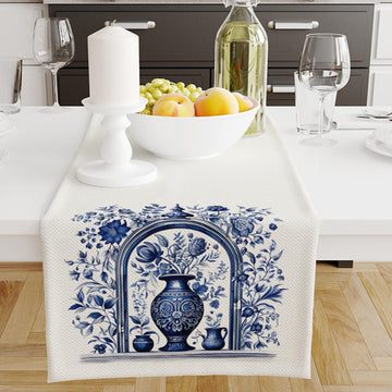 Table Runner Blue Vintage Vase Floral Ethnic Ottoman Turkish Pattern, Retro Farmhouse Decor, Traditional Textile Accent