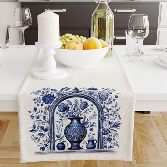 Table Runner Blue Vintage Vase Floral Ethnic Ottoman Turkish Pattern, Retro Farmhouse Decor, Traditional Textile Accent