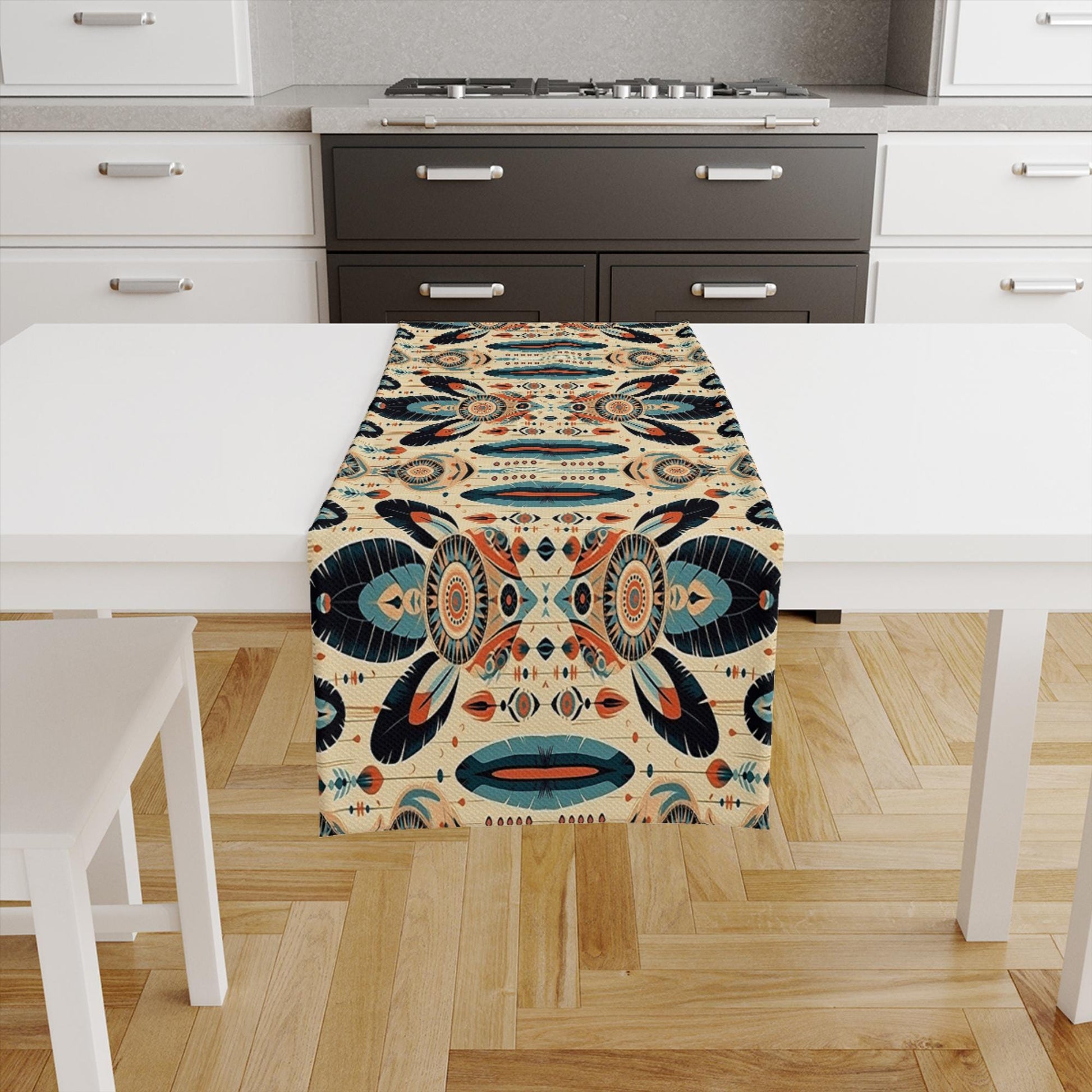 Table Runner Colorful Aztec Ethnic Pattern, Retro Farmhouse Decor, Traditional Textile Accent for Dining & Home
