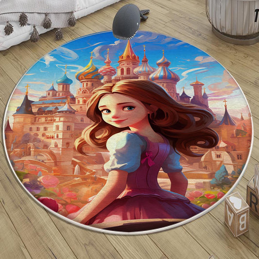 Round Medieval Princess Castle  Kids Room Rug, Cute Girl Rug For Kids Room, Playground Rug, Baby Rug, Kids Girl Decor with pillow case gift