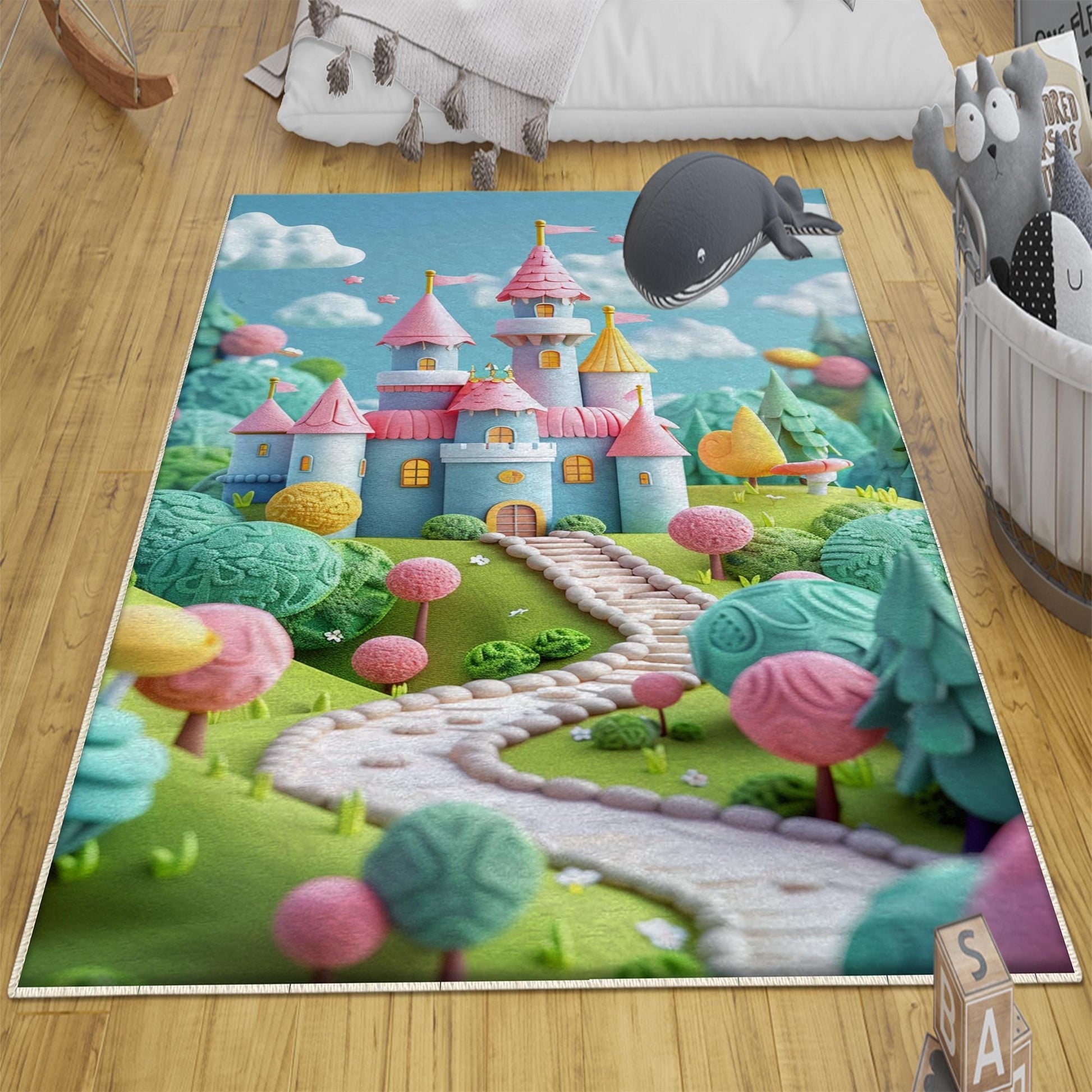Round Candy Princess Castle  Kids Room Rug, Cute Girl Rug For Kids Room, Playground Rug, Baby Rug, Nursery Decor with pillow case gift