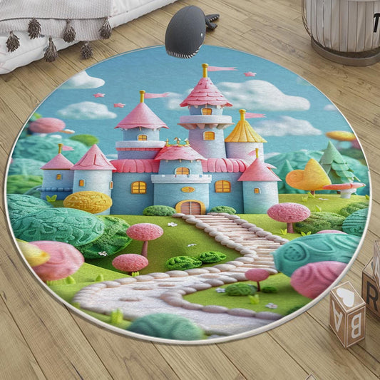 Round Candy Princess Castle  Kids Room Rug, Cute Girl Rug For Kids Room, Playground Rug, Baby Rug, Nursery Decor with pillow case gift