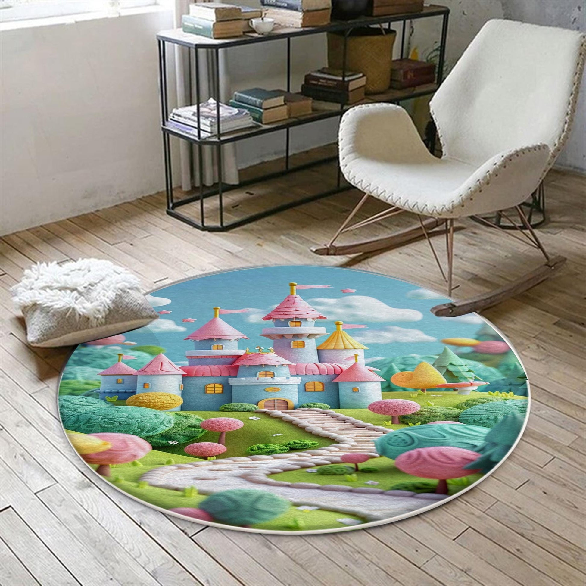 Round Candy Princess Castle  Kids Room Rug, Cute Girl Rug For Kids Room, Playground Rug, Baby Rug, Nursery Decor with pillow case gift