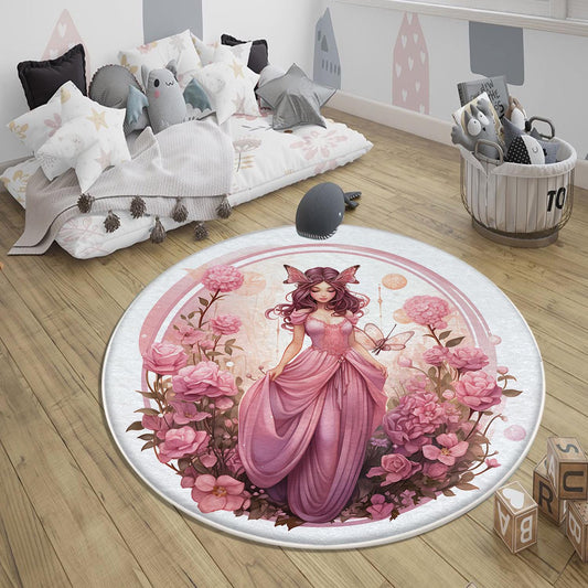 Round Fairy Princess Flowers Kids Room Rug, Cute Girl Rug For Kids Room, Playground Rug, Baby Rug, Nursery Decor with pillow case gift
