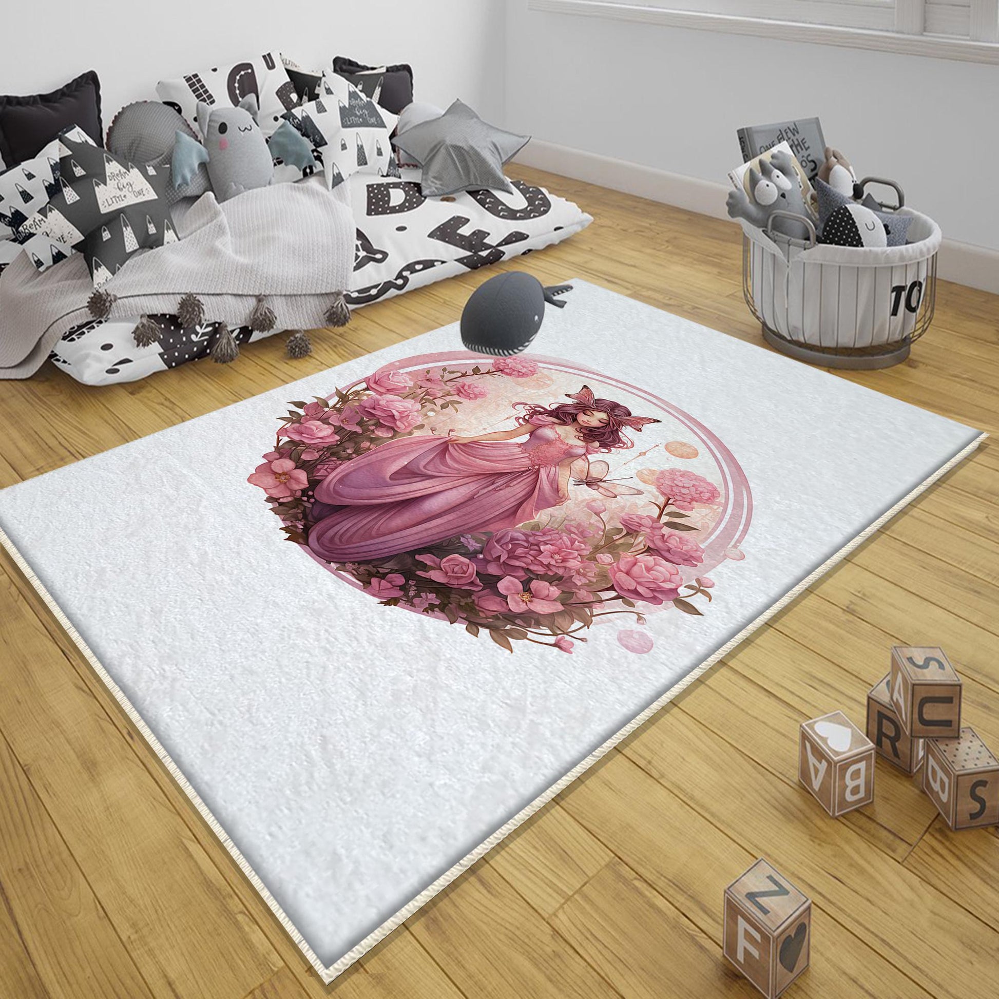 Round Fairy Princess Flowers Kids Room Rug, Cute Girl Rug For Kids Room, Playground Rug, Baby Rug, Nursery Decor with pillow case gift