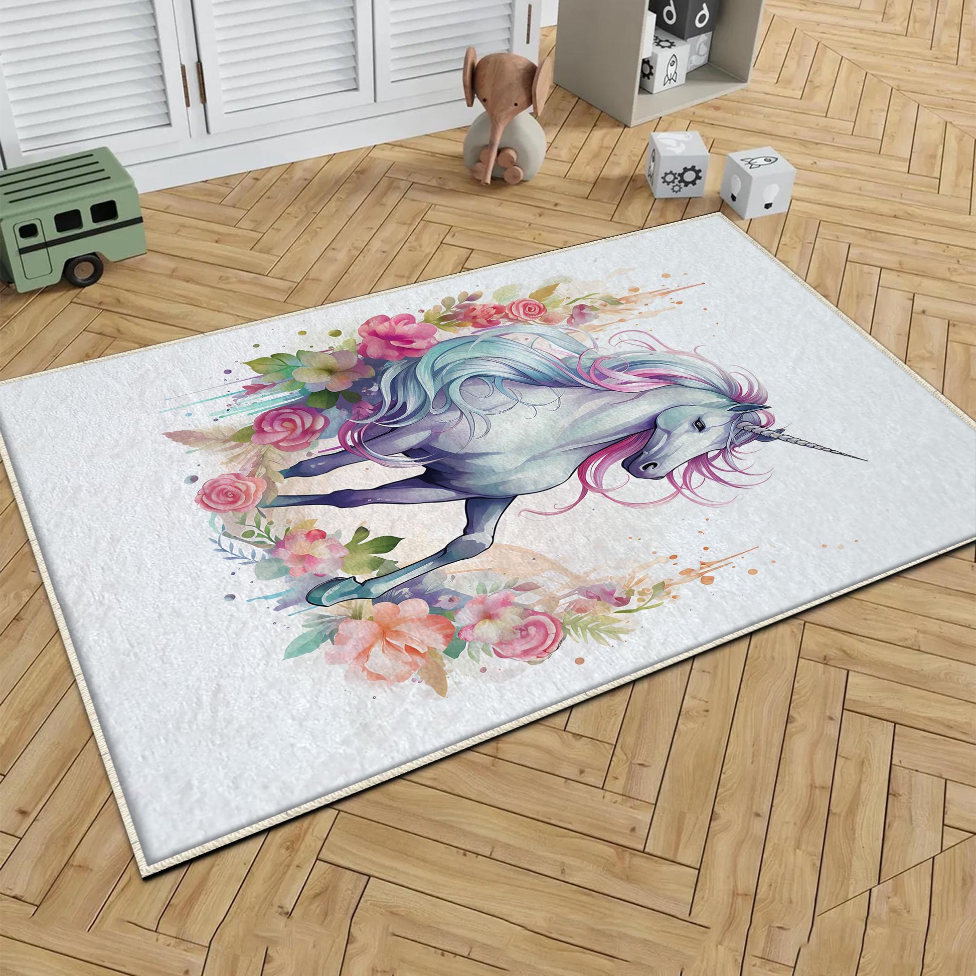 Round Unicorn Horse Flowers Kids Room Rug, Cute Girl Rug For Kids Room, Playground Rug, Baby Rug, Nursery Decor with pillow case gift