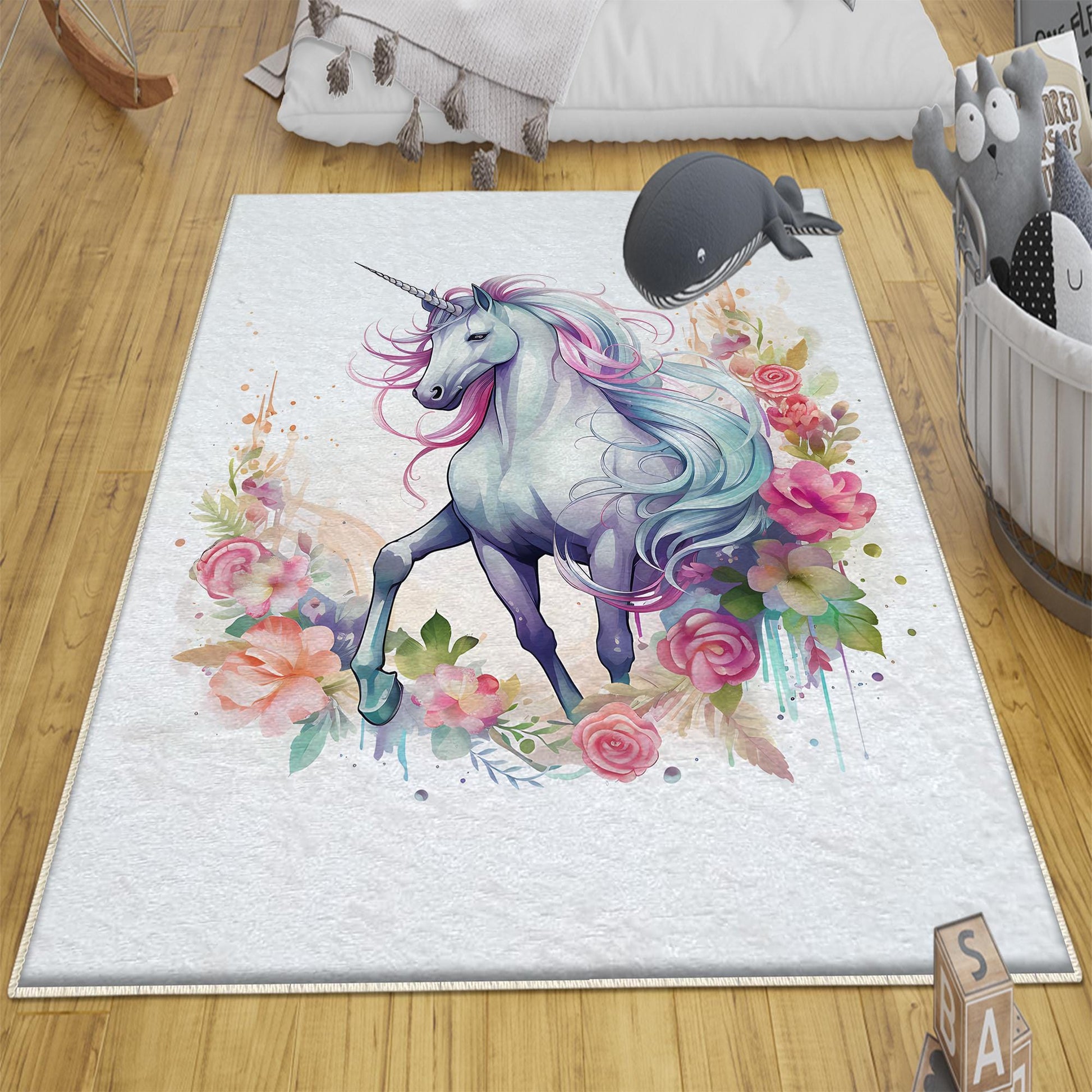 Round Unicorn Horse Flowers Kids Room Rug, Cute Girl Rug For Kids Room, Playground Rug, Baby Rug, Nursery Decor with pillow case gift