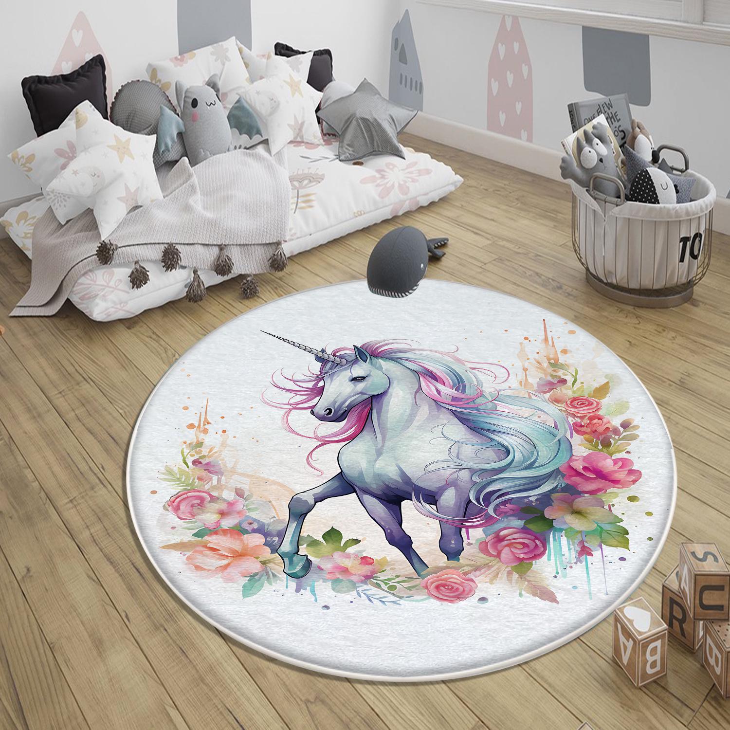 Round Unicorn Horse Flowers Kids Room Rug, Cute Girl Rug For Kids Room, Playground Rug, Baby Rug, Nursery Decor with pillow case gift