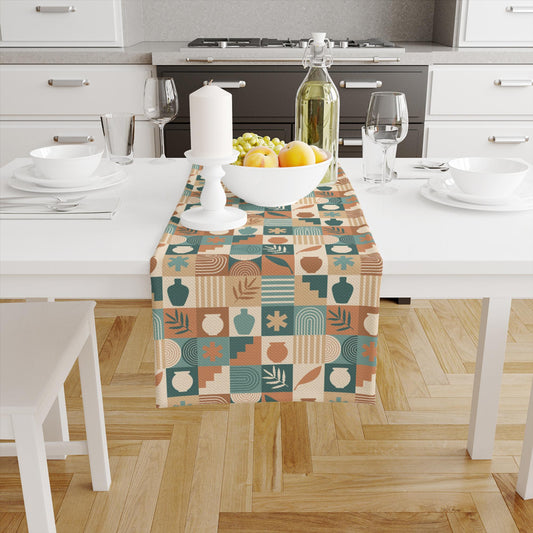 Table Runner Brown Green Bohemian Minimalist Pattern, Retro Farmhouse Decor, Traditional Textile Accent for Dining & Home