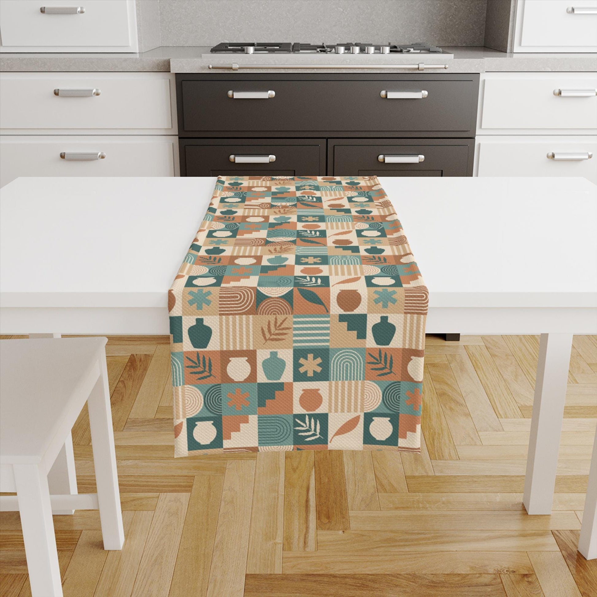 Table Runner Brown Green Bohemian Minimalist Pattern, Retro Farmhouse Decor, Traditional Textile Accent for Dining & Home