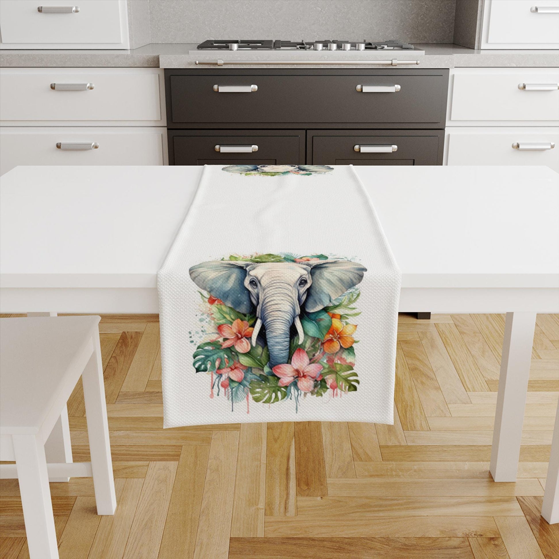 Table Runner Elephant Floral Flowers Pattern, Retro Farmhouse Decor, Traditional Textile Accent for Dining & Home