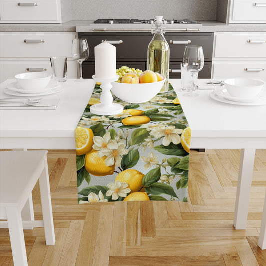 Table Runner Green Leaves Yellow Lemons Summer Pattern, Retro Farmhouse Decor, Traditional Textile Accent for Dining & Home