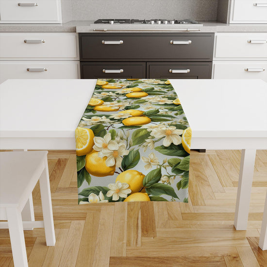 Table Runner Green Leaves Yellow Lemons Summer Pattern, Retro Farmhouse Decor, Traditional Textile Accent for Dining & Home