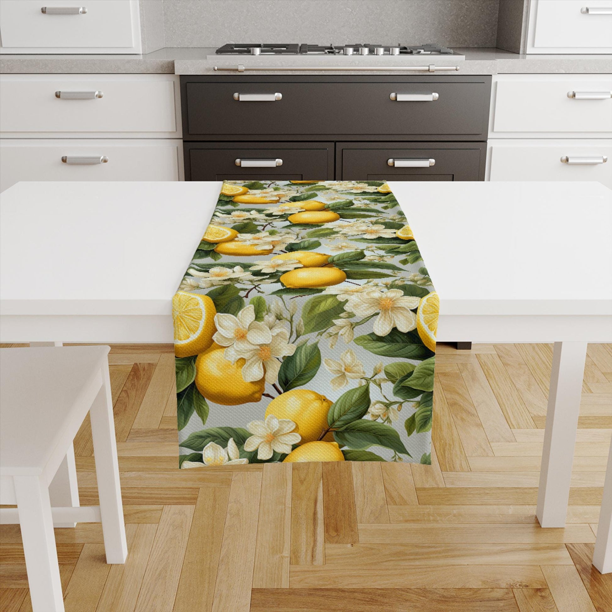 Table Runner Green Leaves Yellow Lemons Summer Pattern, Retro Farmhouse Decor, Traditional Textile Accent for Dining & Home