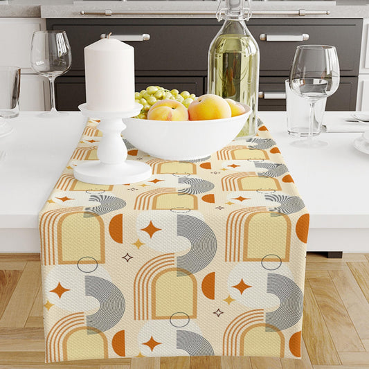 Table Runner Yellow Orange Minimal Bohemian Pattern, Retro Farmhouse Decor, Traditional Textile Accent for Dining & Home