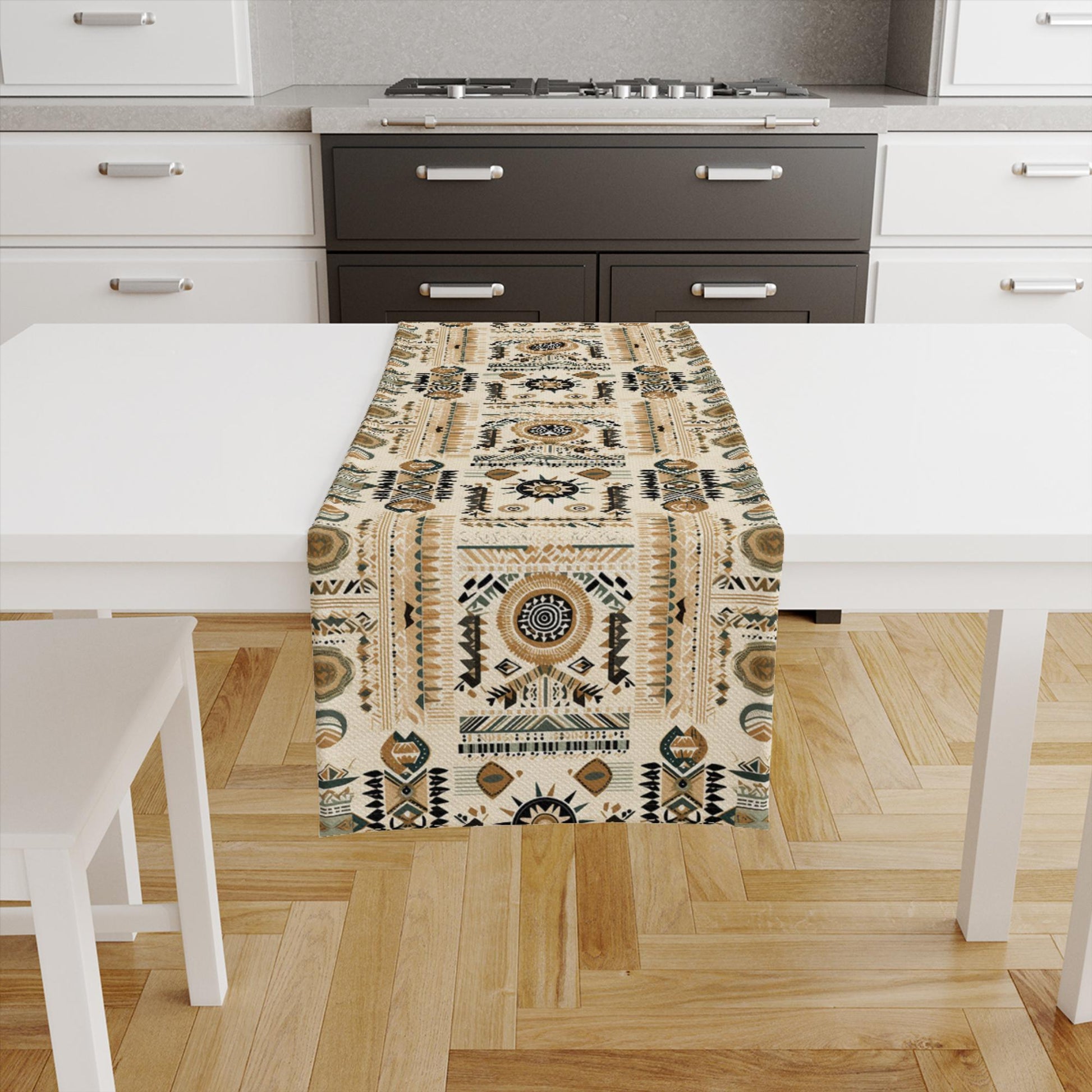 Table Runner Brown Aztec Bohemian Pattern, Retro Farmhouse Decor, Traditional Textile Accent for Dining & Home