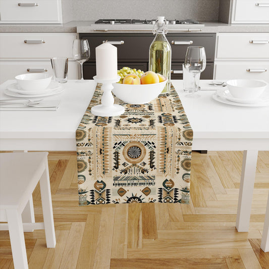 Table Runner Brown Aztec Bohemian Pattern, Retro Farmhouse Decor, Traditional Textile Accent for Dining & Home