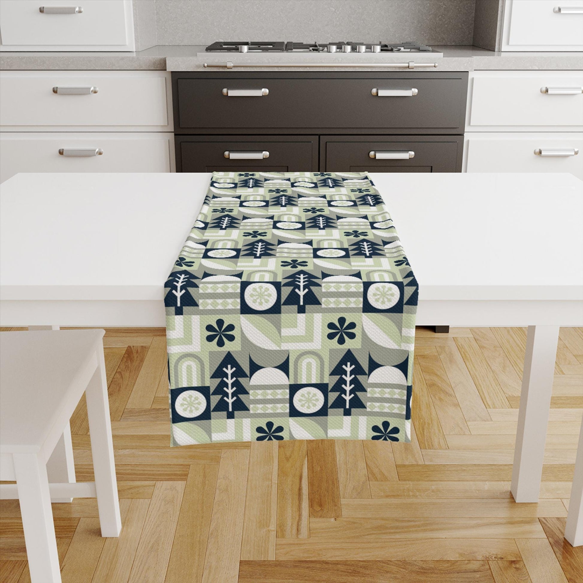 Table Runner Blue Green Gray Trees Pattern, Natural Farmhouse Decor, Traditional Textile Accent for Dining & Home