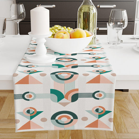 Table Runner Green Orange Geometric Pattern, Minimal Farmhouse Decor, Traditional Textile Accent for Dining & Home