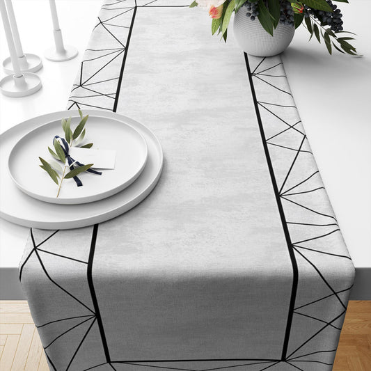 Table Runner Black Gray Geometric Lines Pattern, Dining Room Decor, Traditional Textile Accent for Dining Home