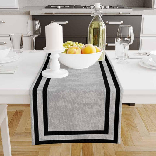 Table Runner Gray Watercolor Geometric Black Border Lines, Traditional Dining Room Decor, Textile Accent for Home Table