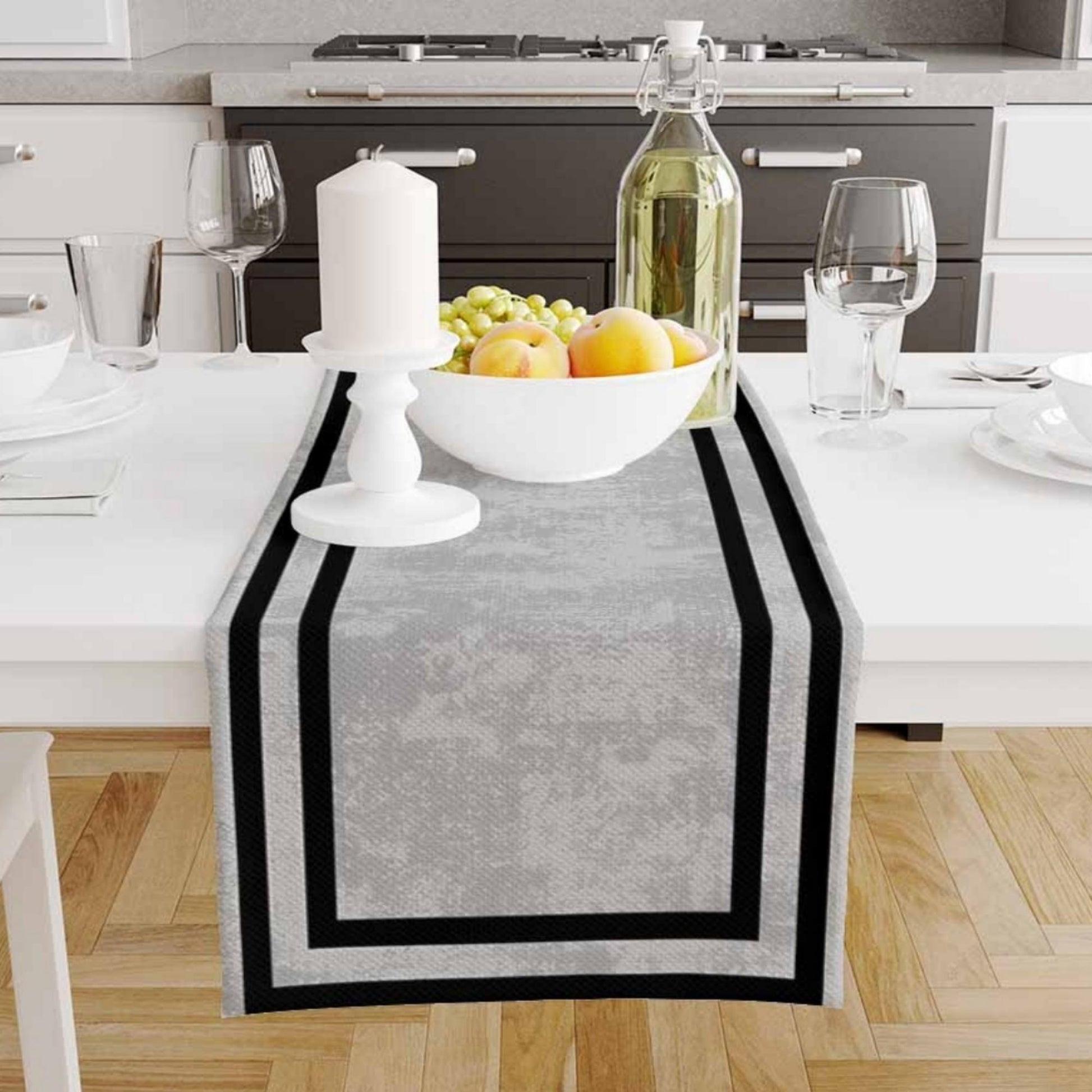 Table Runner Gray Watercolor Geometric Black Border Lines, Traditional Dining Room Decor, Textile Accent for Home Table