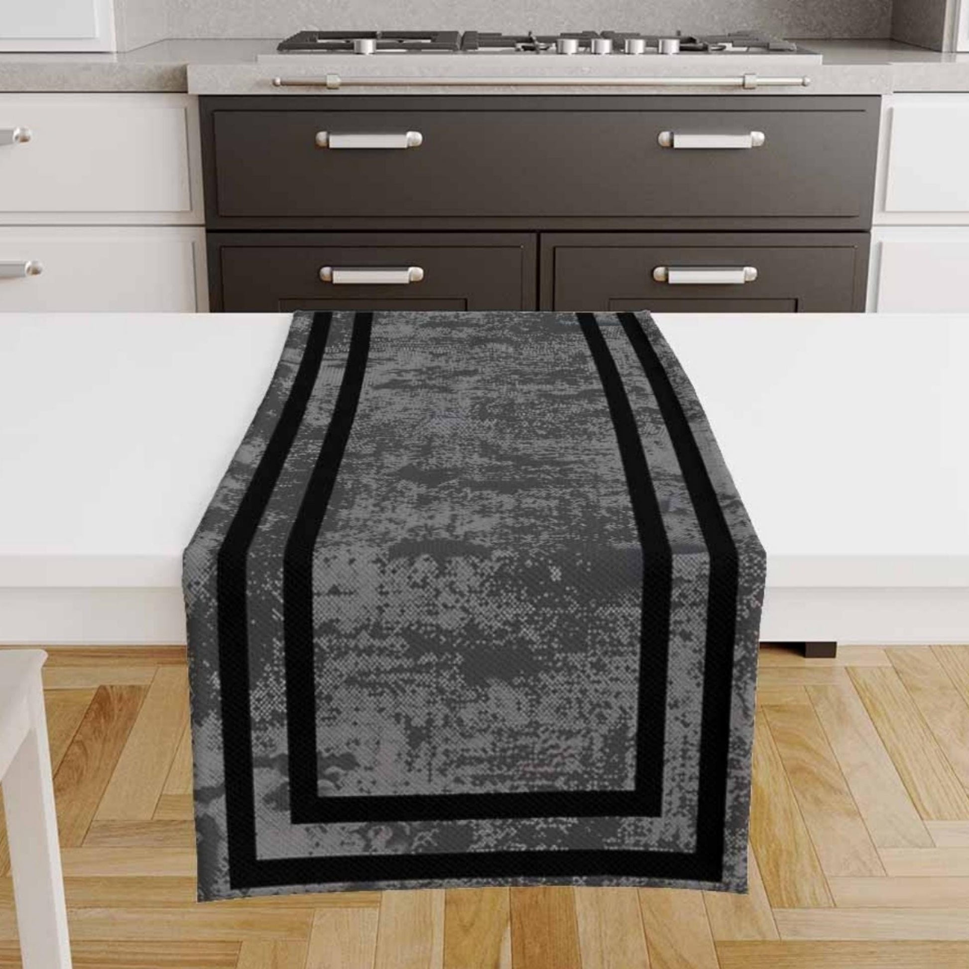 Table Runner Dark Gray Watercolor Geometric Black Border Lines, Traditional Dining Room Decor, Textile Accent for Home Table