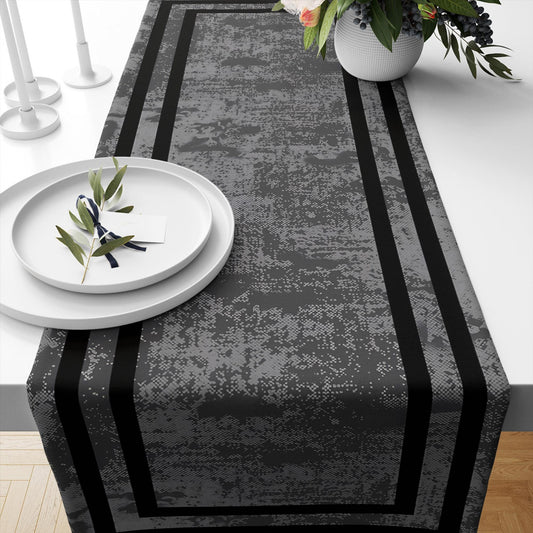 Table Runner Dark Gray Watercolor Geometric Black Border Lines, Traditional Dining Room Decor, Textile Accent for Home Table