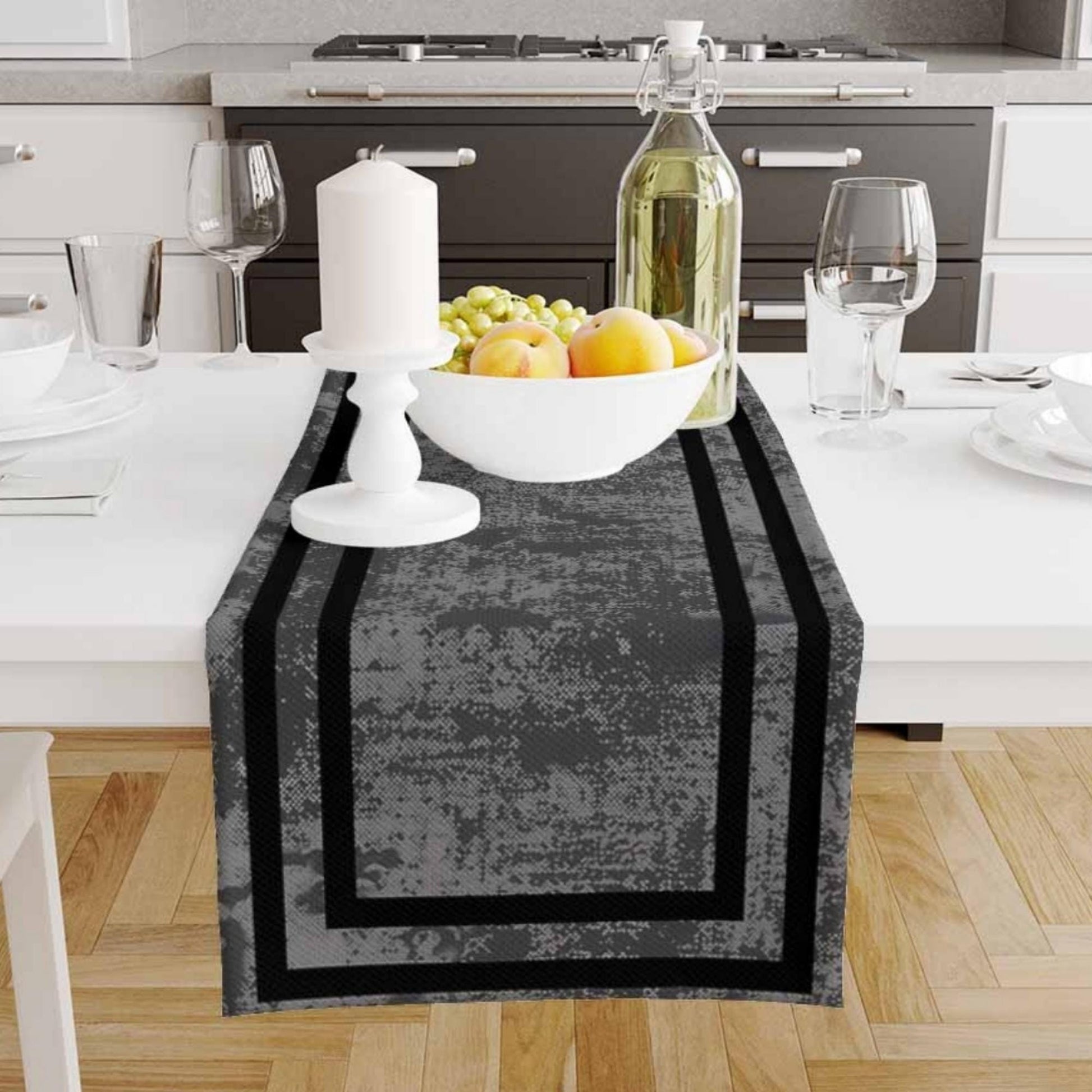 Table Runner Dark Gray Watercolor Geometric Black Border Lines, Traditional Dining Room Decor, Textile Accent for Home Table