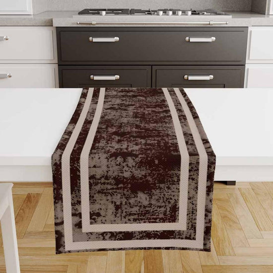 Table Runner Dark Brown Watercolor Geometric Cream Border Lines, Traditional Dining Room Decor, Textile Accent for Home Table