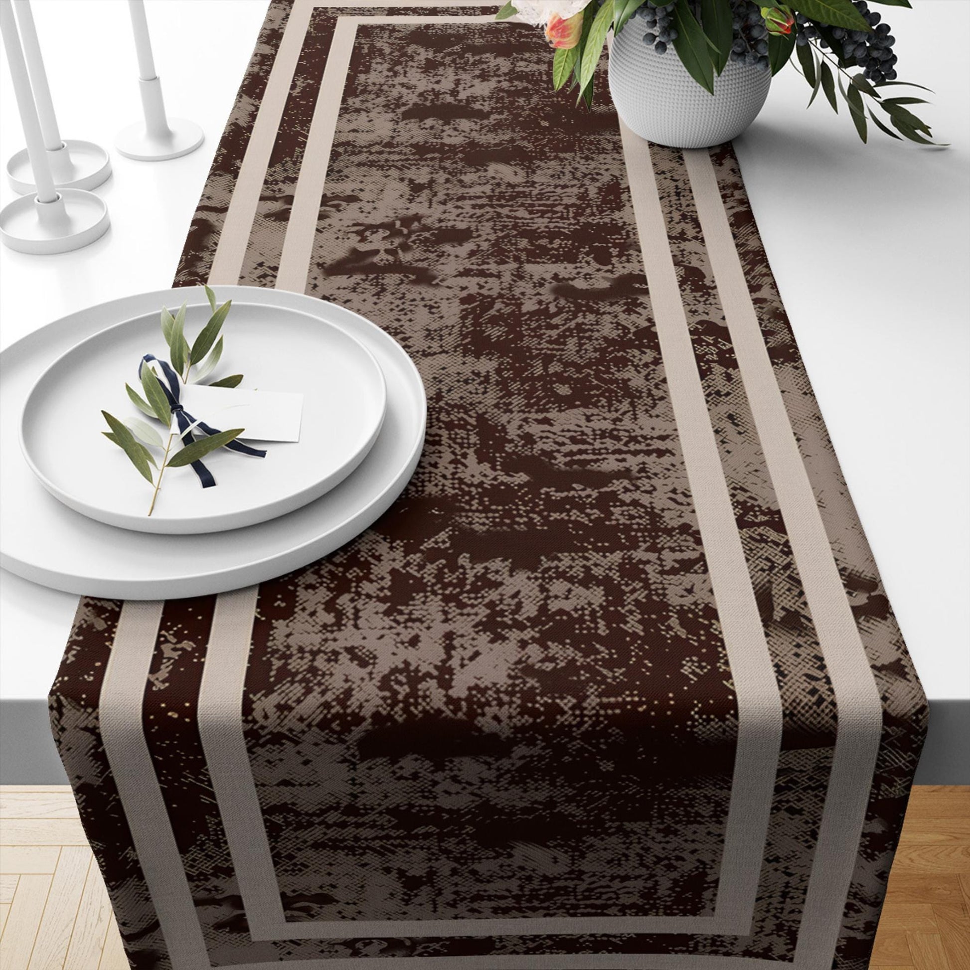 Table Runner Dark Brown Watercolor Geometric Cream Border Lines, Traditional Dining Room Decor, Textile Accent for Home Table
