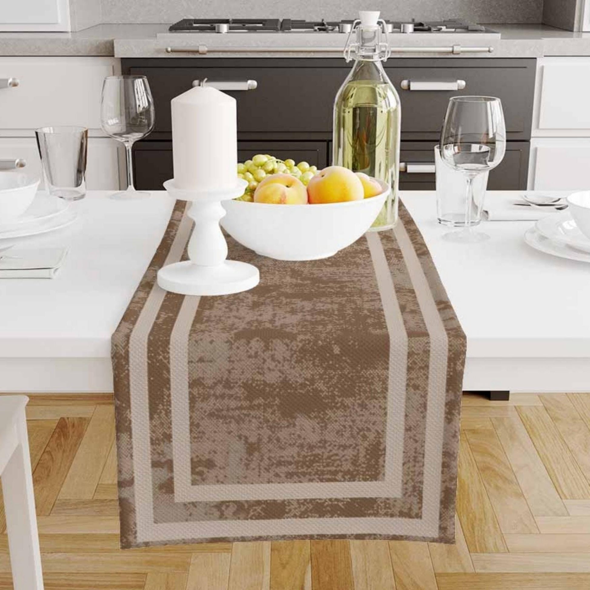 Table Runner Brown Watercolor Geometric Cream Border Lines, Traditional Dining Room Decor, Textile Accent for Home Table