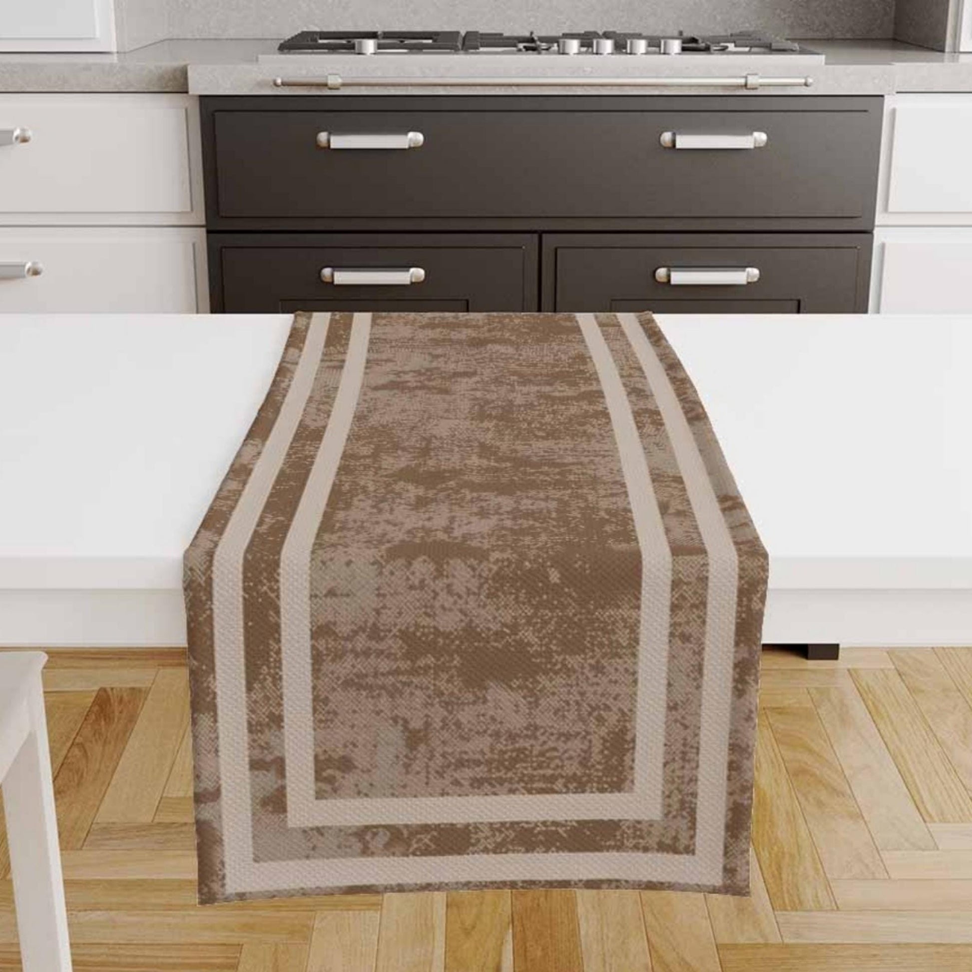 Table Runner Brown Watercolor Geometric Cream Border Lines, Traditional Dining Room Decor, Textile Accent for Home Table