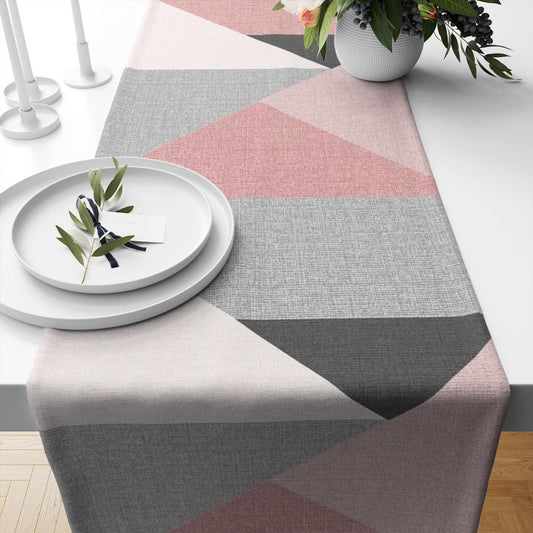 Table Runner Pink Gray Black Triangles Geometric Patchwork Nordic Style, Traditional Dining Room Decor, Textile Accent for Home Table