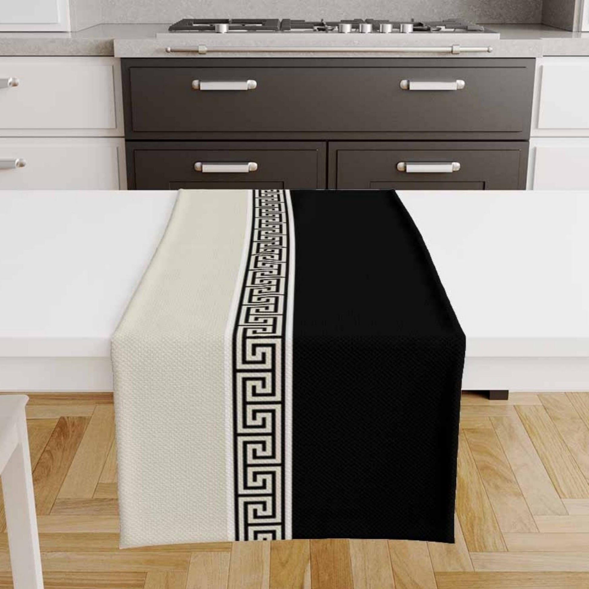 Table Runner Black Cream Greek Key Pattern Traditional Dining Room Decor Textile Accent